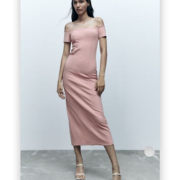 Zara Top Stitched Pale Pink Off The Shoulder Midi Dress US XS BNWT - Picture 1 of 11